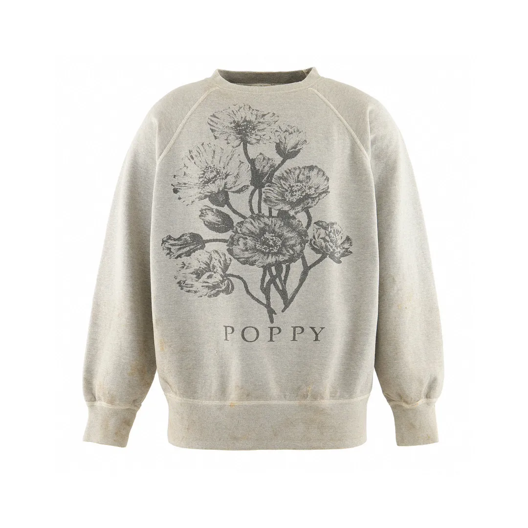 SAINT Mxxxxxx 'FLOWER' CREW NECK SWEAT SHIRTS Floral Distressed Retro Sweatshirt Distressed Gray S-XL Big Factory Four-needle Six-Thread Boneless Stitching Process/Original Horn Sleeve Version Top Printing Process Authentic Level Re-Engraving Garment Washing and Distressing/Hand-worn Graffiti Treatment Original Consistent Fruit Label/Little Angel Anti-Counterfeiting Label